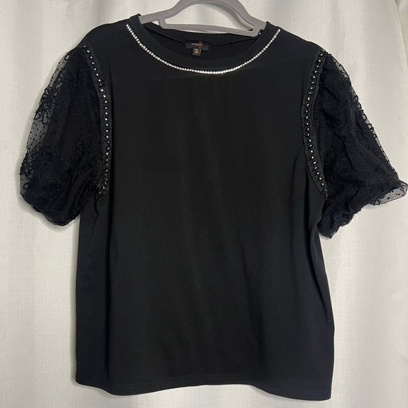 On Twelfth Black Rhinestone Lace Puff Sleeve Shirt XL - Picture 9 of 9